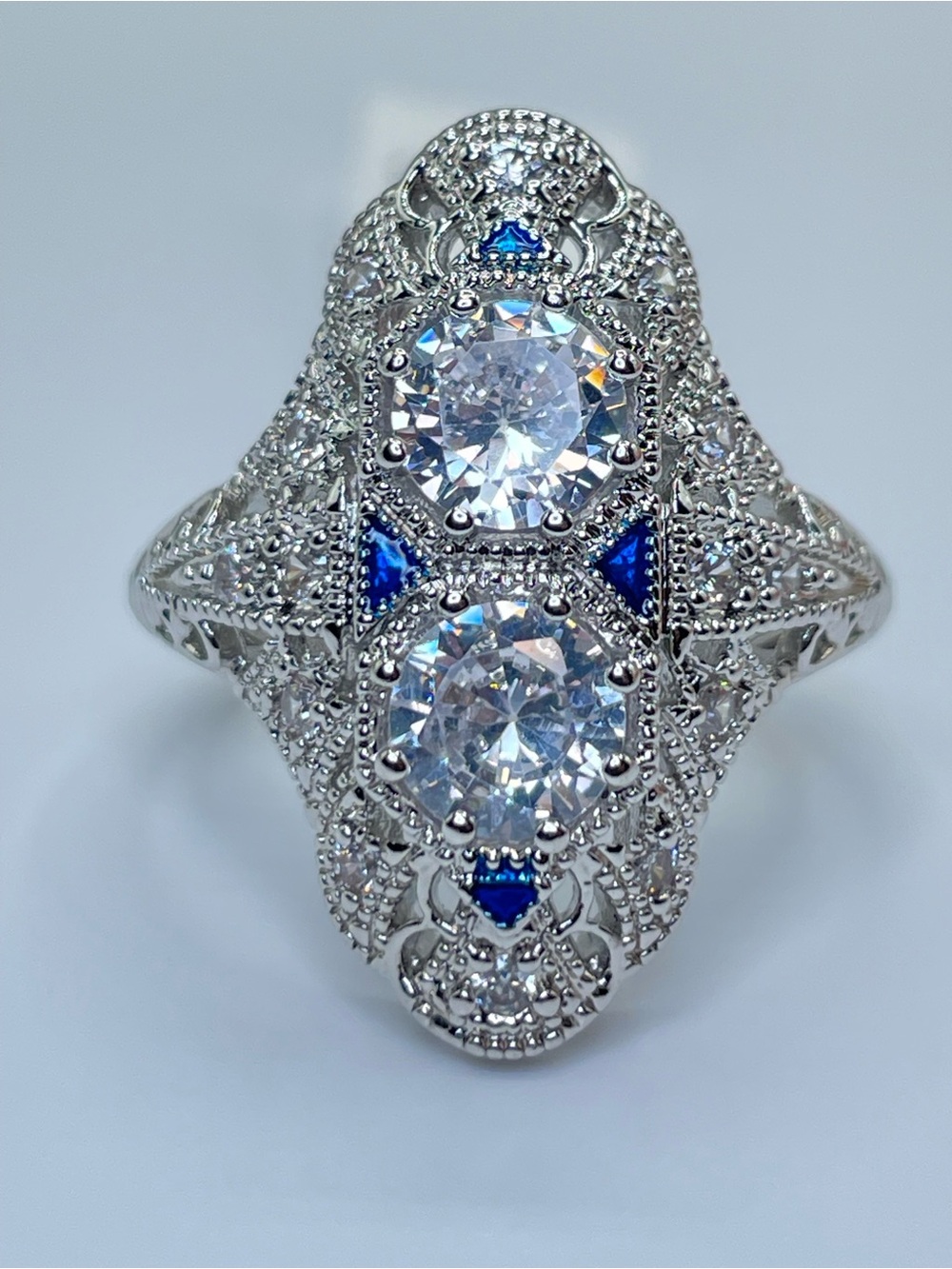 Swarovski Crystal Elements White Blue Crystal Art Deco Statement Ring Sz 7